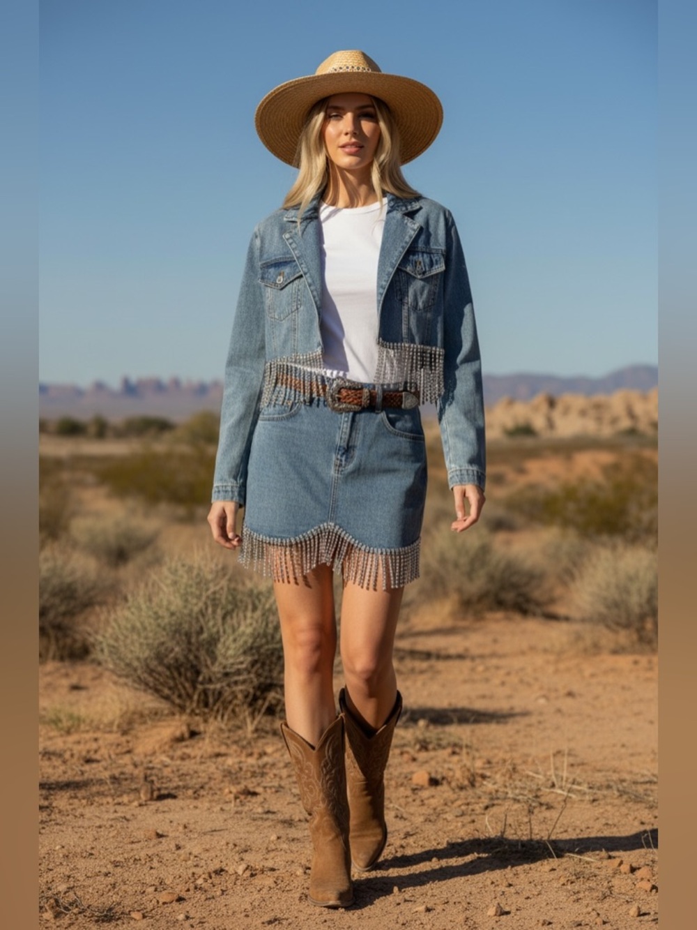 Muy Muy Denim Fringe  Western Mini Skirt  Set in Light Blue